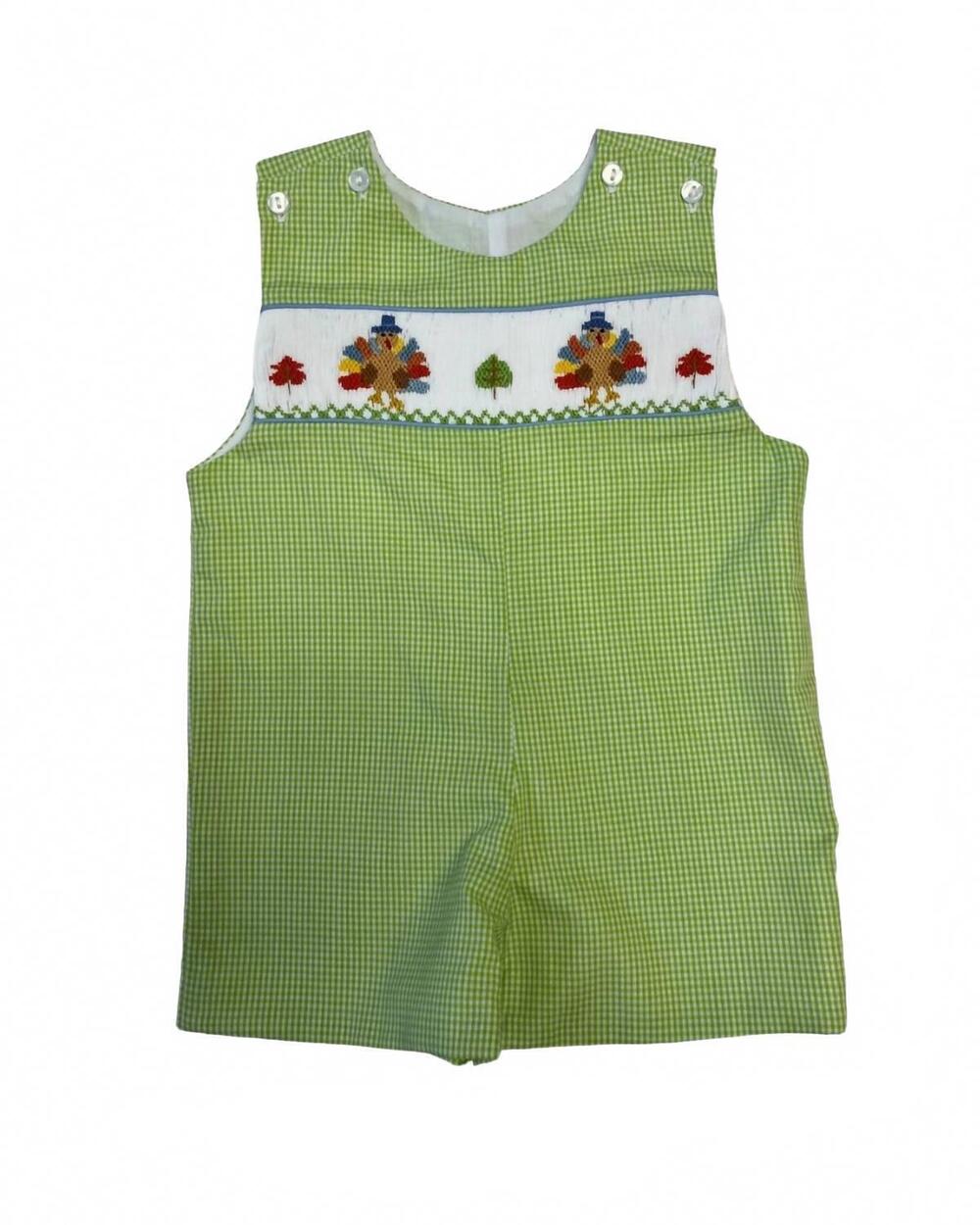 NEW LULU BEBE kids' turkey smocked jon jon in green